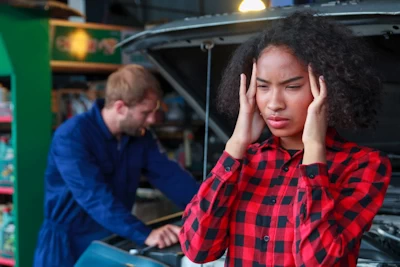 woman feeling worry about her car in garage